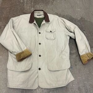 Men's Cream Jacket with Brown Accents leather collar corduroy cuffs barn coat